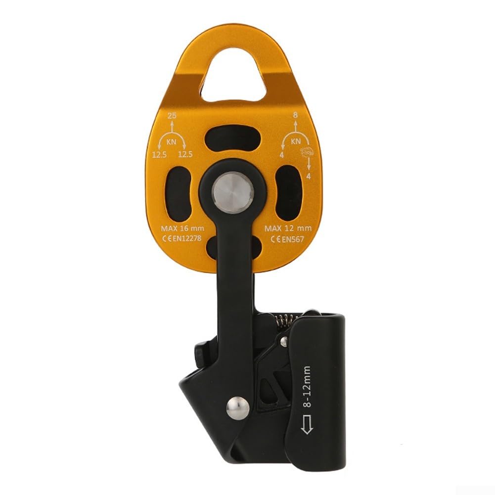 Carrucola Unidirezionale Alluminio 25KN per Sollevamento | Lega alluminio leggera, carico statico 25KN, design concavo scorrevole, corde 8-12mm, uso esterno(Golden)