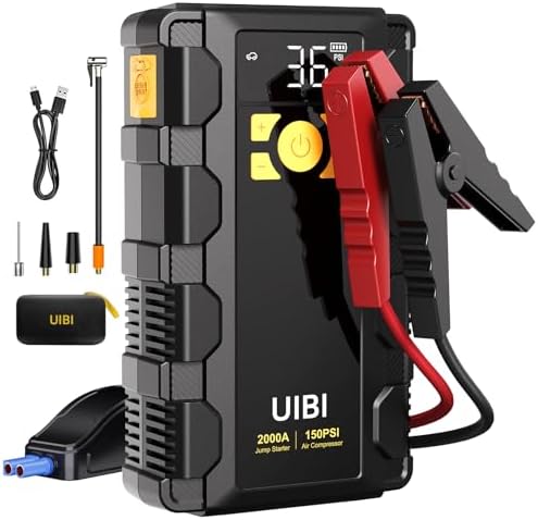 UIBI X5 Jump Starter with Air Compressor, 2000A Car Battery Booster Pack with 150PSI Tire Inflator, LED Lights - Portable Jump Starter for Car 8L Gas/6L Diesel