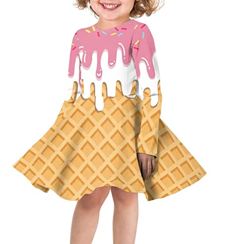 chaqlin Vestido de manga larga para niña, vestido de cuello redondo, vestido de patinador, vestido casual Twirly, vestidos casuales para niños de 3 a 16 años, Abstract Ice Cream, 5-6 Años