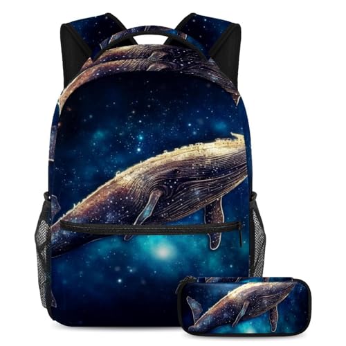 Sac à dos et trousse bleu skyline baleine étoilée, le cadeau de rentrée parfait pour les enfants