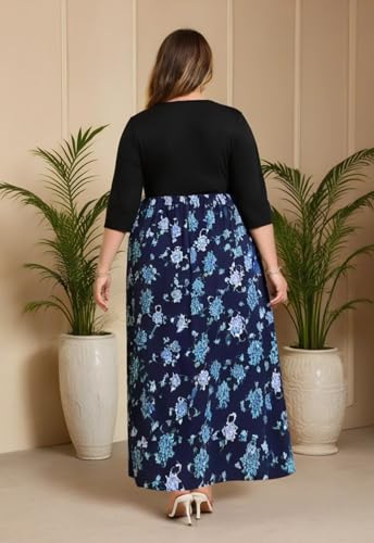 Image of Nemidor Women Plus Size Casual Maxi Dress Long Fall Pockets | Size 14-26 plus, elastic waist, long sleeve, round neck, loose, boho, curvy, winter, wedding, daily, vacation, work, holiday