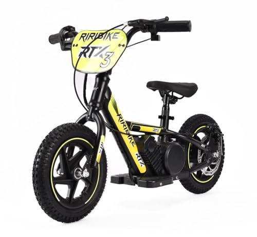Bicicleta eléctrica para niños RIRIBIKE RTX3 24V (12'), Amarillo, Batería de Litio, Motor de 100W, Freno de Disco, Asiento de PU Blando Ajustable
