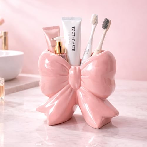 Pink Bow Toothbrush Holder Ceramic Makeup Brush Holder & Bathroom Decor
