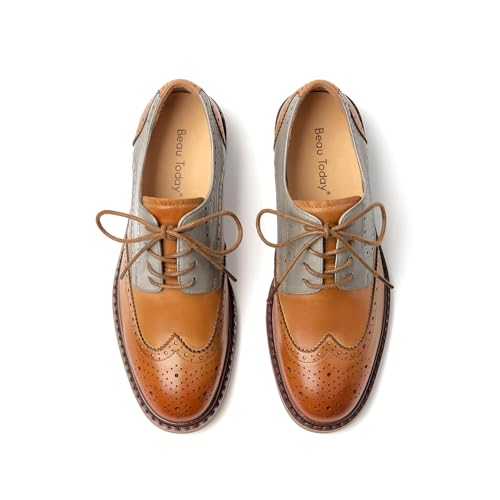 Image of BEAU TODAY Oxford Shoes for Women,Leather Brogue Dress Shoes,Comfort Brethable Ladies Lace-up Handmade Wingtip Shoes for Business Work