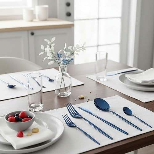 Image of 15 Pcs Blue Cutlery Set for Dining Table the Perfect Lightweight Silim Handle Tableware Including Dinner Spoon, Dinner Fork, Dinner Knife, Dessert Spoon & Dessert Fork