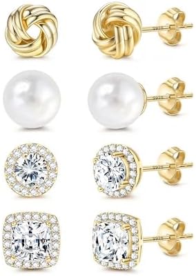 Morfetto 4 Pares Pendientes Mujer Plata de Ley 925 Chapados Oro 1...