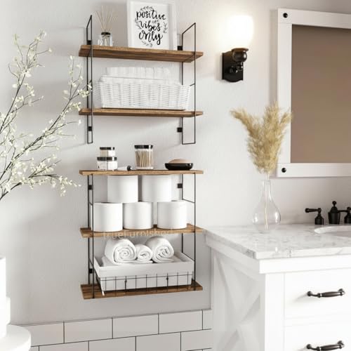 Image of Floating Shelves for Living Room Bedroom Bathroom Kitchen White Rustic Wood Wall Mounted Shelves with Metal Brackets, Storage Shelves for Wall Decor Set of 4-Brown