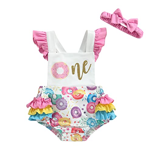 FEIBEL Baby Girl 1St Birthday Romper Sweet Flutter-sleeve Backless Ruffle Bodysuit One-Piece Donut Playsuit with Headband (A-White, 6-12 Months)