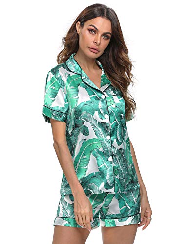 Image of SWOMOG Womens Pajamas Set Silk Satin Sleepwear Short Sleeve Nightwear Button Down Pj Loungewear