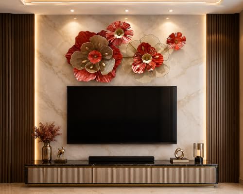 Image of ZOVE Radiant Rooms Metal Flower Wall Art for Living Room | Modern 3D Floral Wall Decor | Premium Iron Wall Hanging for Bedroom, Dining Room, Hallway & Office | 40 x 21Inch | Red & Gold