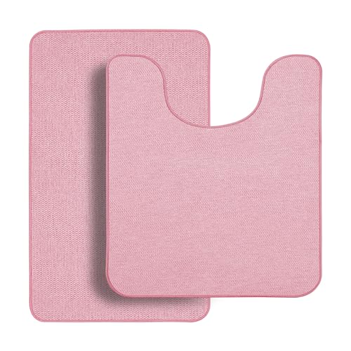 Bathroom Rugs Set 2 Pieces,Thin Bathroom Mats,Toilet Rugs,Quick Dry,Non-Slip,Machine Washable,Low Pile,Absorbent Bath Mats,Shower,Sink,Home Decor Accessories.Pink,1'5"x2'3"+1'8"x2" U Shape