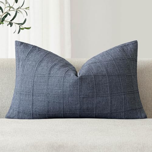 Image of Foindtower Set of 1 Decorative Linen Check Throw Pillow Cover Neutral Farmhouse Lumbar Cushion Cover Modern Coastal Boho Home Decor for Sofa Chair Couch Bedroom Living Room,12x20 Inch,Blue