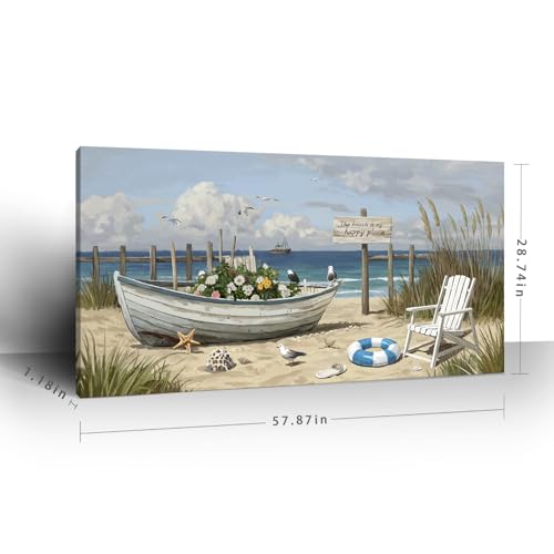 Extra Large Coastal Living Room Wall Art, Featuring A Printed Seaside Landscape, Boats, Beach Chairs, Seagulls, And Natural Wall Decor. A Modern Coastal Artwork For Bedrooms, Dining Rooms, Entryways, And Lounges. 58X29 Inches. — view 6