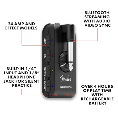Fender Mustang Micro Personal Headphone Guitar Amplifier, 12 Amp Models, 12 Effects, Bluetooth Audio Streaming, Rechargeable, USB-C Recording, with 2-Year Warranty by Fender - Image 2
