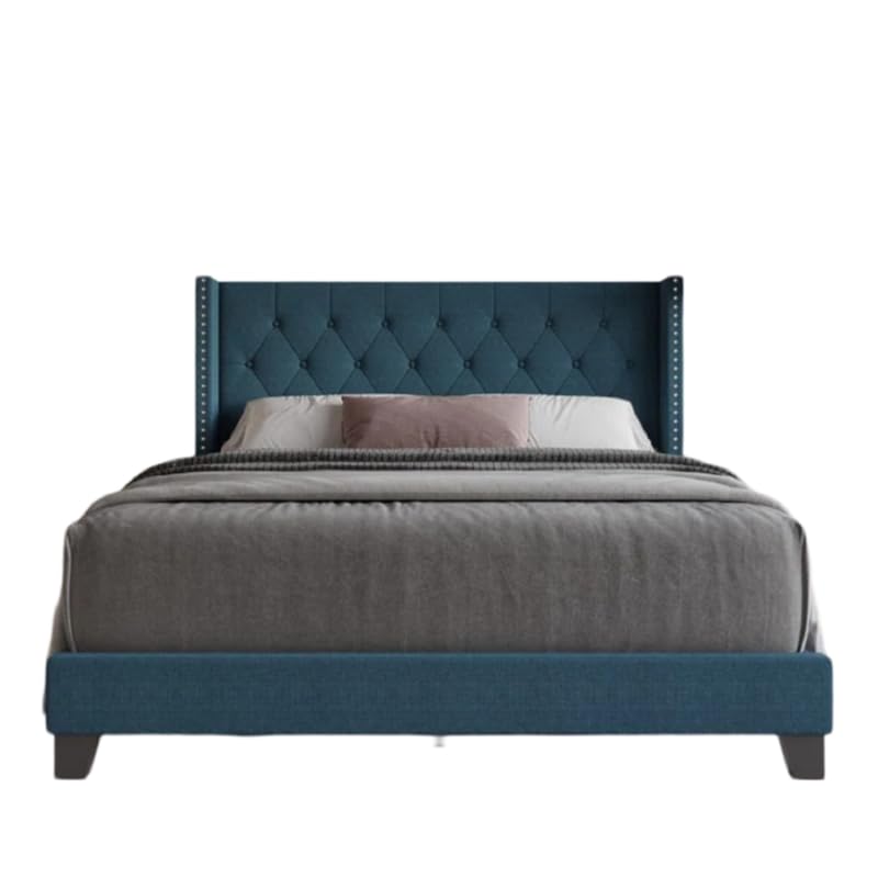 Image of HITHOS Solid Wood Modern Upholstered King Size Bed with Tufted Headboard and Without Storage | Wooden Double Bed Cot Furniture for Home Hotel Bedroom Living Room (Denim Blue) 1 Year Warranty
