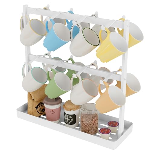 YUMORE Coffee Mug Holder Stand,16 Cup Hooks Countertop Mug Tree Holder Rack with Storage Base 2 Tier Counter Cups Mugs Display Storage Organizer for Kitchen Tea Coffee Bar White