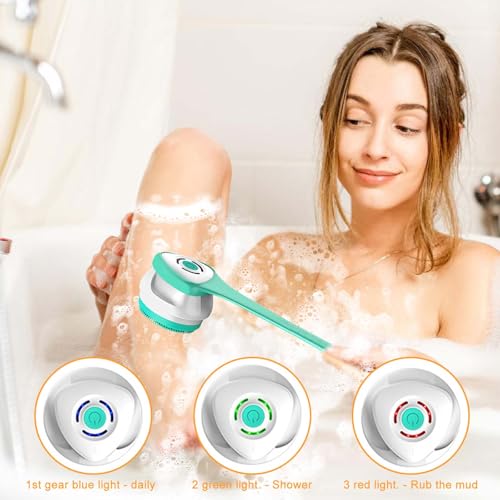 Elektrische Körperbürste Badebürste Rückenbürste Mit 5 AufsäTzen: Rückenbürste mit Langem Stiel IP67 Wasserdicht 3 Geschwindigkeit Spin Reinigung Bürste für Spa Dusche Peeling Massagebürste (Grün)