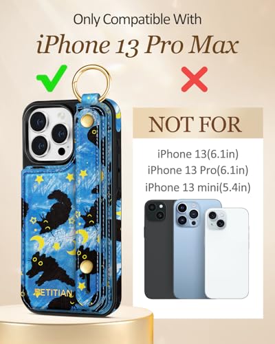 Petitian for iPhone 13 Pro Max Wallet Case for Women, Blue Cat | Credit Card Holder, Wristband Strap, Leather Phone Cover, Cute Girly Aesthetic, RFID Blocking, Unique Design for Teen Girls - image 2