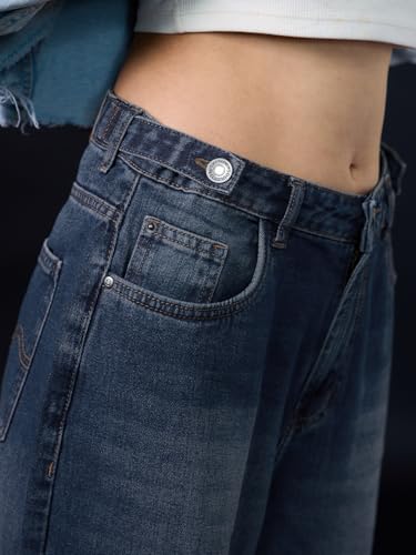 Image of The Souled Store: Barrel-Fit Denim: Women and Girls Washed Cotton Twill Barrel Fit Lightweight Adjustable Rise Everyday Casual Denim Jeans