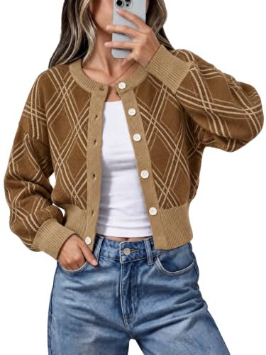 Tankaneo Womens Cropped Argyle Plaid Cardigan Sweater Preppy Outfits