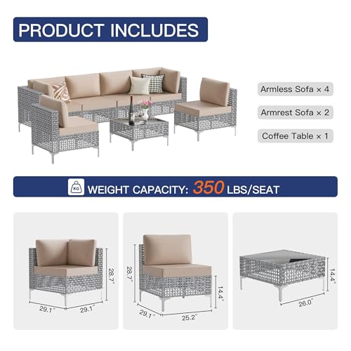 Kullavik 7 Pieces Outdoor Patio Furniture Set,Morden Grey PE Rattan Outdoor Conversation Set Sectional Sofa with Thick Cushions and CoffeeTable,Sand
