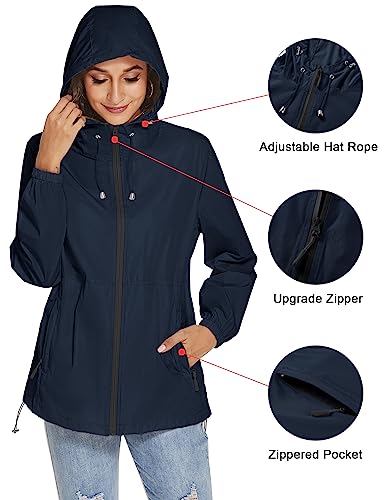 iWoo Dünne Regenjacke Damen Funktionsjacke Wasserdicht Atmungsaktiv Leicht Regenmantel Übergangsjacke für Wandern Reisen Treking, Navy Blau XL
