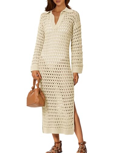 Saodimallsu Womens Crochet Swimsuit Cover Up V Neck Collared Long Sleeve Mesh Knit Long Beach Coverup Maxi Dress