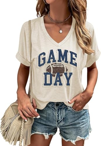 CGTPI Womens Vintage Game Day Football V Neck Shirts Football Season Graphic Short Sleeve Tops Sport Mom T Shirt(L,02Beige)