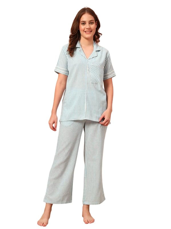 ameerah Striped Women's Cotton Short Sleeve Night Suit Set | Comfortable & Stylish Half Sleeve Co-ord Set | Soft & Cozy Night Top & Pyjama Set-picture-30
