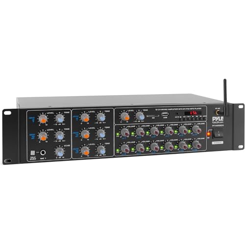Pyle 12-Channel Wireless Bluetooth Power Amplifier - 6000 Watts Maximum Power Output, Multi-Zone Audio Source Mixer Receiver with USB, SD, AUX Inputs, and Digital LED Display Panel - PT12050CH.5 by Pyle - Used condition - US$272.08