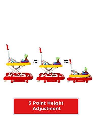 Image of Mee Mee Premium 3-in-1 Baby Walker with Rocker & Push Handle | 3-Level Height Adjustable, Musical Tray, Foot Mat, 360 Wheels, Cushioned Seat | for Babies 6-18 Months Up to 15kg (Red)