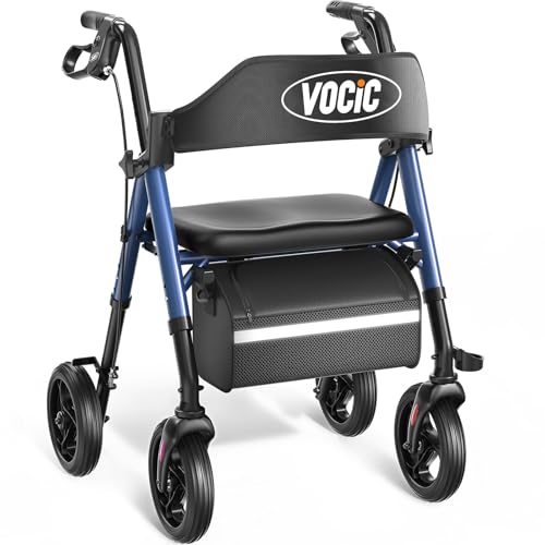 VOCIC Walkers for Seniors,Foldable Walker with Seat,Rollator Walker with Durable Aluminum,8" Big Wheels for All Terrain, Ergonomic Seat and Backrest,Dual Adjustable Height Rolling Walker| Pashion Blue