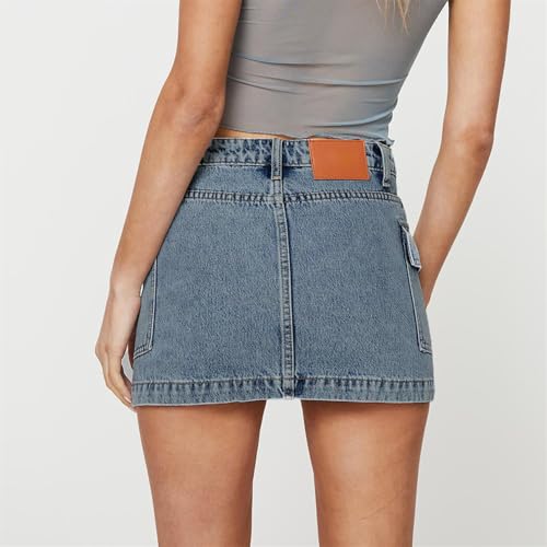 Women Cargo Denim Mini Skirt Y2K Low Waist Button Down A Line Bodycon Going Out Skirt Vintage Streetwear with Pockets4
