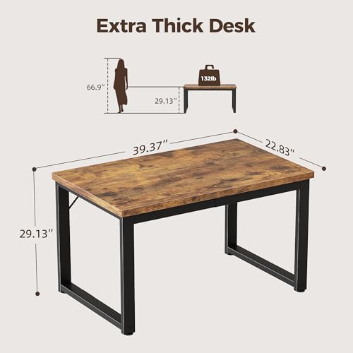 Image of 40 Inch Computer Desk, 1.2 inch Thick Small Office Table, Brown | Modern Simple Style, Heavy Duty Industrial Frame, Small Study & Writing Table for Home Bedroom Work