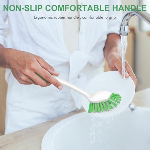Image of SetSail Dish Brush with Handle, 2 Pack Stiff Bristles Dish Scrubber with Built-in Scraper Dish Scrub Brushes for Cleaning Dishes, Pots and Pans, Kitchen Sink, Green