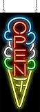 Ice Cream Open Neon Sign - Large Size - 13' wide x 32' high - Real, Quality Hand Bent Neon Sign - Red Letters with a Colorful Ice Cream Cone Graphic