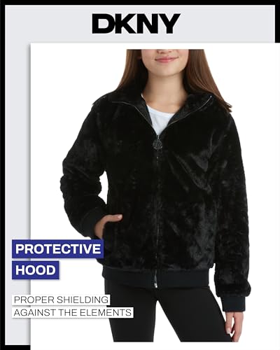 DKNY Girls' Winter Jacket - Full Zip Up Faux Fur Sherpa Girl's Bomber Jacket - Warm Hooded Teddy Coat for Girls (7-16)3
