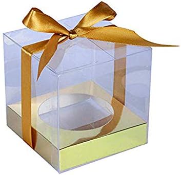 3.5×3.5×3.5" (9 * 9 * 9cm) Set of 12, Clear PVC Cupcake Box Bakery Box Gift Wrapping Box DIY Craft Pudding Case Box Wedding Birthday Party Favor Pastry Box with Insert Holder (Gold)