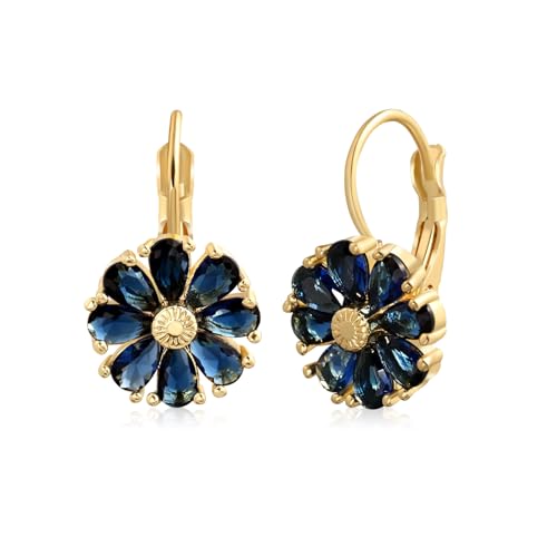Aliyoham Sapphire Flower Earrings for Women, 14K Gold Plated Leverback with Blue Crystals, Hypoallergenic Dainty Jewelry
