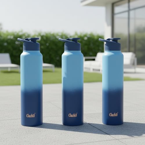 Image of Clazkit Dual Colored Stainless Steel Water Bottle |ISI Certified Leakproof, Durable for School Kids, Fridge, Sports, Gym, Yoga & Office - Easy to Clean & Reusable-1000ml - Set of 3 -Blue