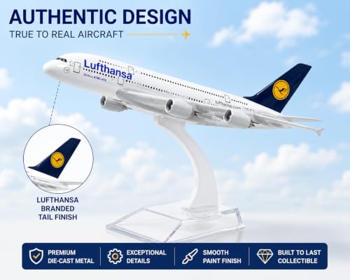 Image of Lufthansa Airbus A380-800 Die-Cast Metal Airplane Model with Display Stand | 18 cm Aircraft Collectible | Desktop Office Decor | Aviation Gift for Kids & Adults | Scale Model Plane
