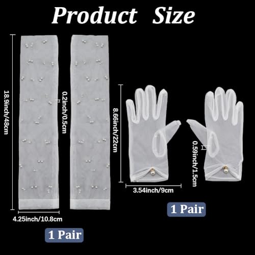 2 Pieces Set Separate Sheer White Mesh Pearl Short Gloves Long Arm Elbow Length Finger Lace Transparent Sleeves Polyester Glove for Women Wedding Bridal Birthday Party Opera Costume2