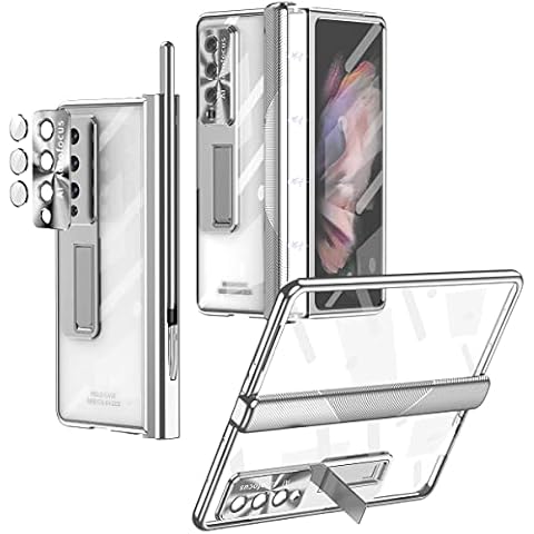 PRUDOM for Samsung Galaxy Z Fold 4 Case Hinge Protection, Z Fold 4 Case S Pen Holder Transparent Plating PC Bulit -in Front Glass Kickstand All-Inclusive Cover for Samsung Z Fold 4 5G (Silver) Cover