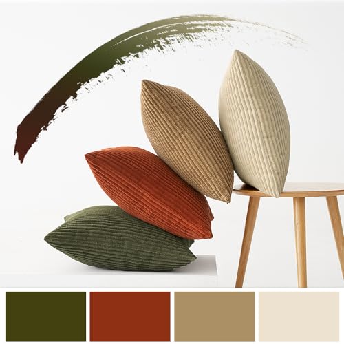 MIULEE Corduroy Cushion Covers Soft Decorative Square Throw Pillow Covers Cushion Soft Pillowcase Striped Pack of four for Home decor Sofa 45cm x 45cm,18x18 Inches Brown green series - Image 3