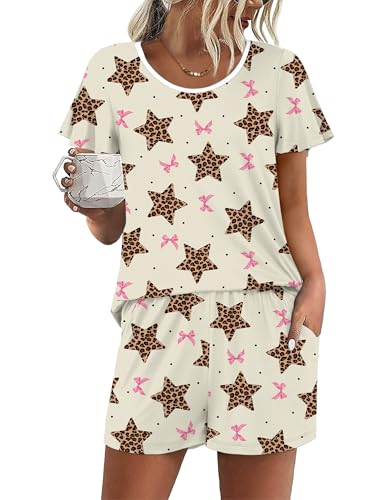 Image of Ekouaer Womens Pajama Set Summer Short Sleeve Pjs Sleepwear Cute 2 Piece Lounge Sets S-XXL