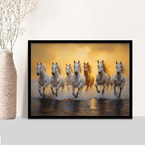 Image of HOTHOUSE Seven Running Vastu Lucky Horse | 7 Horses Vastu Frame Wall Art Painting for Living Room Bedroom Office Home Decor Rising Sun Painting Wall Decor Size (19X25 inch)