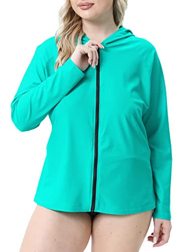 Halcurt Damen Rash Guard UV Schutz Kurzarm Langarm Badeshirt BadenMode Tankini UPF 50+ Große Größe, Veste à capuche turquoise, 3XL grande taille Cover