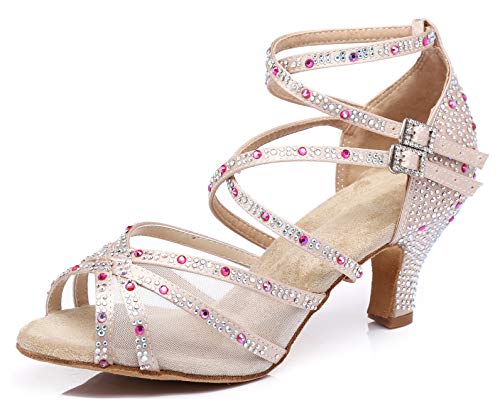 Minishion Womens Rhinestones Dancing Sandals Elegant Mesh Wedding Prom Shoes L373 Nude 2.5