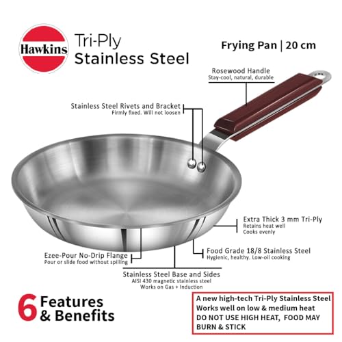 Image of Hawkins 20 cm Frying Pan, Triply Stainless Steel Fry Pan, Induction Fry Pan, Small Frying Pan, Silver (SSF20)