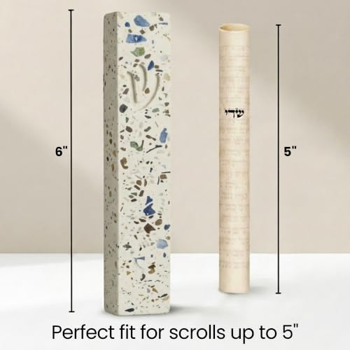 Image of SURI Mezuzah for Door - 6 Inch Terrazzo Turquoise Concrete Mezuzah Case with Non Kosher Scroll, Self-Stick Jewish Entry Design, Fits a 5 Inch Non Kosher Scroll, Gift Box Included